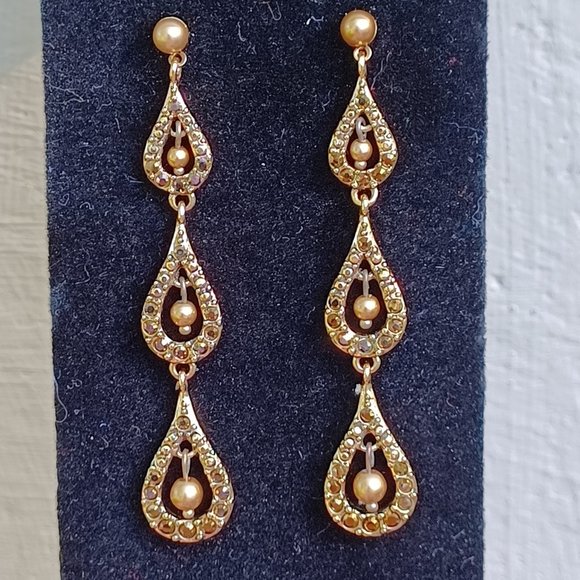 Monet Champagne Brown Colored Pearl Dangle Stud Earrings - Picture 3 of 15